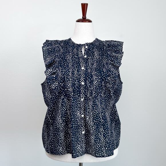Ann Taylor LOFT Navy Star Ruffle Pleated Bib Top - Picture 2 of 11